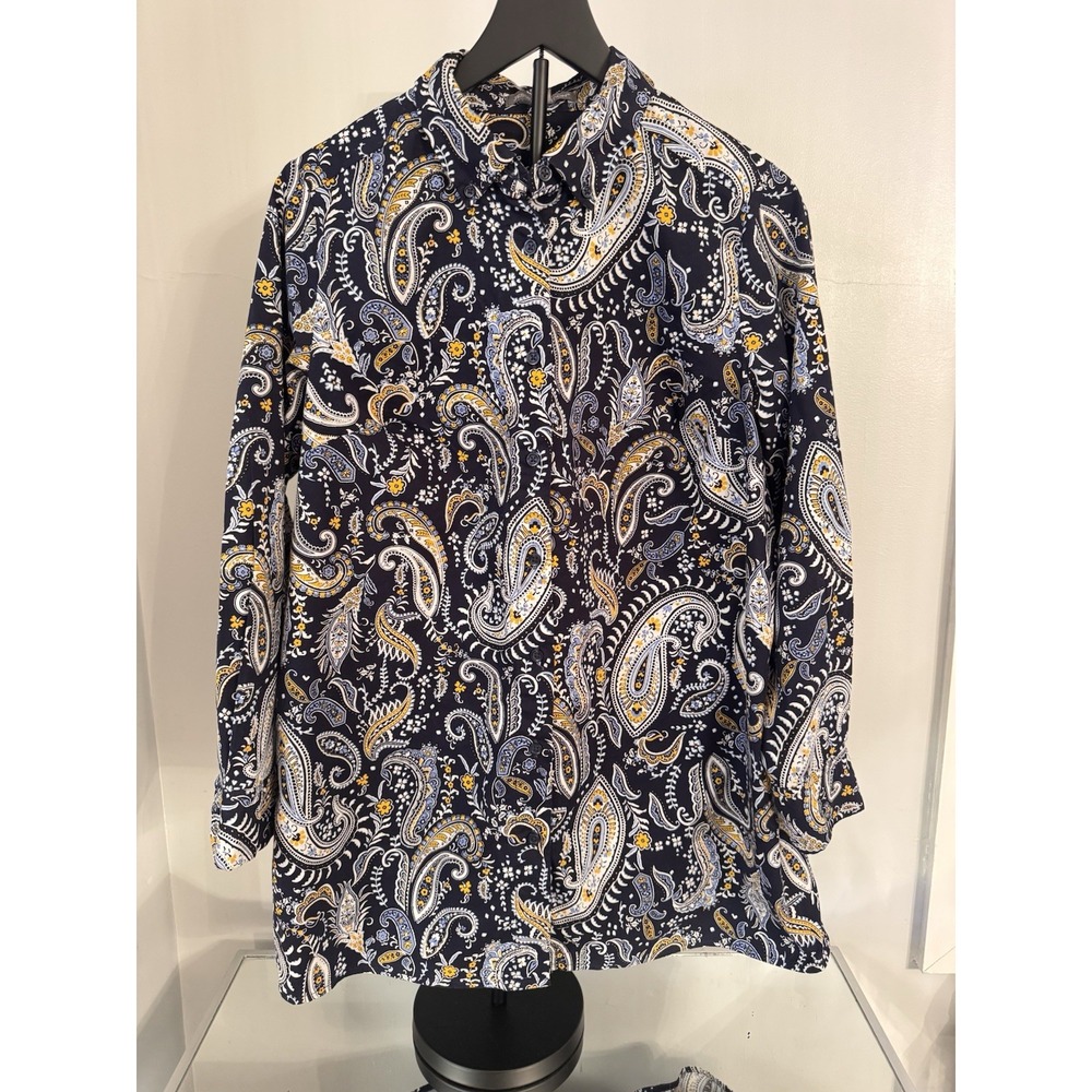 Jessica London 16W Paisley Button Front‎ Shirt Navy Blue Yellow Cotton Stretch